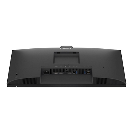 Rückseite eines schwarzen Dell-Monitors mit verschiedenen Anschlüssen und Dell-Logo.