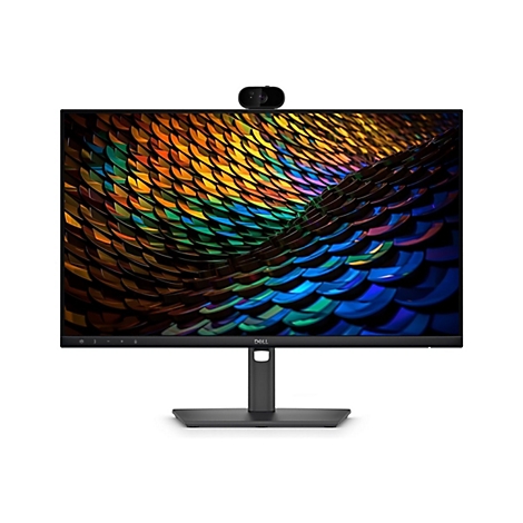 Schwarzer Dell Monitor mit integrierter Webcam oben und farbenfrohem, schuppenartigem Displayhintergrund.