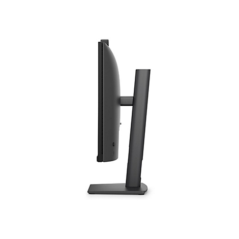 Seitliche Ansicht eines schwarzen Computermonitors mit schlankem Standfuß auf weißem Hintergrund.