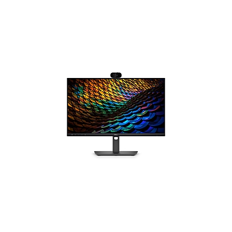 Dell Monitor mit Webkamera oben mittig und farbenfrohem, abstraktem Hintergrund auf dem Display.