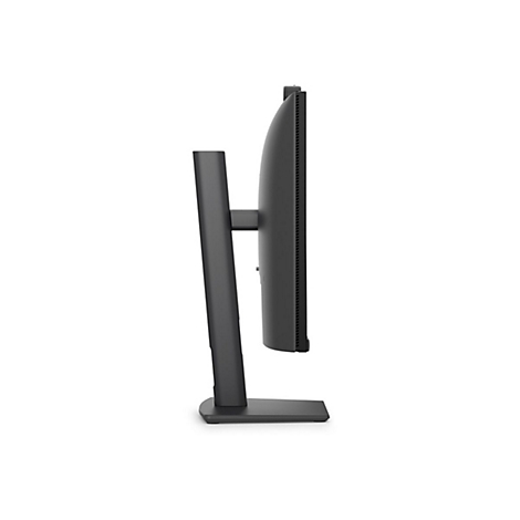 Seitliche Ansicht eines schwarzen Computermonitors auf einem Standfuß vor weißem Hintergrund.