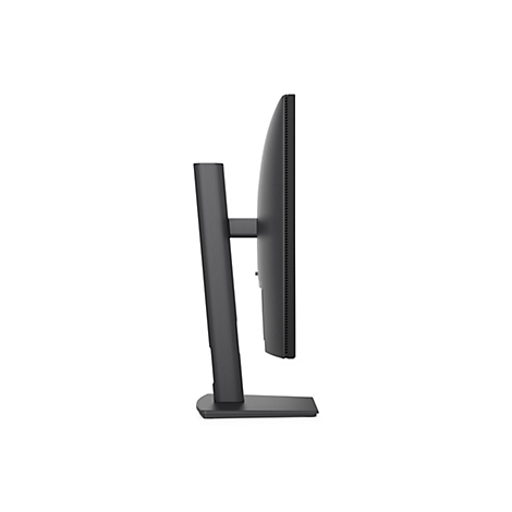 Seitenansicht eines schwarzen Monitors mit Standfuß vor weißem Hintergrund.
