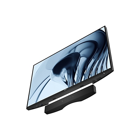 Ein Dell-Monitor mit schmalem Rahmen und integrierter Soundbar, vor weißem Hintergrund. Der Bildschirm zeigt ein blau-weißes abstraktes Muster.