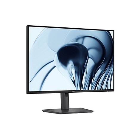 Ein schwarzer Dell Monitor mit blauem Hintergrund. Der Monitor steht auf einem rechteckigen, schwarzen Fuß.