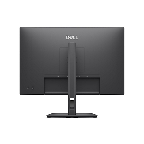 Rückseite eines schwarzen Dell-Monitors. Unten befinden sich Anschlüsse, darüber das Dell-Logo. Der Monitor ist an einem Standfuß befestigt.