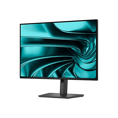 Ein schwarzer Monitor von Dell mit türkisblauem Bildschirm, auf weißem Hintergrund. Der Monitor steht auf einem schwarzen Fuß.