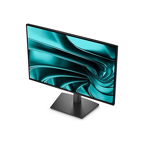 Ein schwarzer Dell-Monitor, der auf einem weißen Hintergrund steht. Der Bildschirm zeigt ein abstraktes, türkis-farbenes Muster.