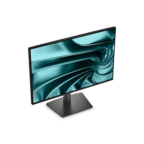 Ein Dell-Monitor. Der Bildschirm zeigt ein abstraktes Muster in Türkis. Der Ständer und der Rahmen sind schwarz.