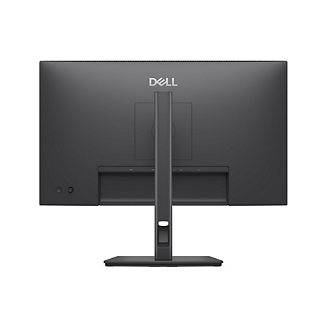 Rückansicht eines schwarzen Dell-Monitors mit Standfuß. Das Dell-Logo ist mittig platziert. Anschlüsse und Knöpfe sind sichtbar.