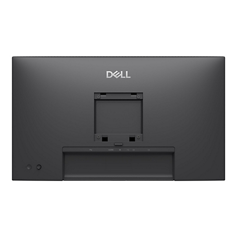 Rückseite eines schwarzen Dell Monitors mit zentraler VESA-Halterung, Anschlüssen und Dell-Logo oben.