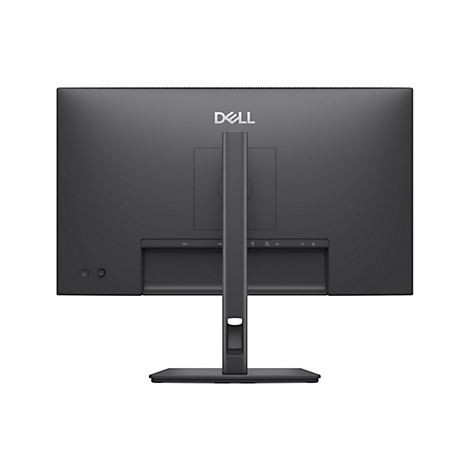 Rückansicht eines schwarzen Dell-Monitors mit Standfuß. Das Dell-Logo ist mittig platziert.