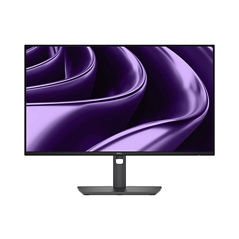 Ein Dell Monitor vor weißem Hintergrund. Der Bildschirm zeigt eine abstrakte lila Form.