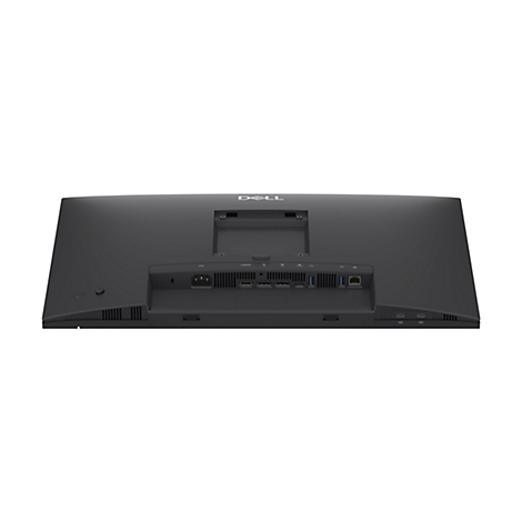 Rückseite eines schwarzen Dell-Monitors, mit Anschlüssen für Strom, HDMI, USB und anderen Kabeln.