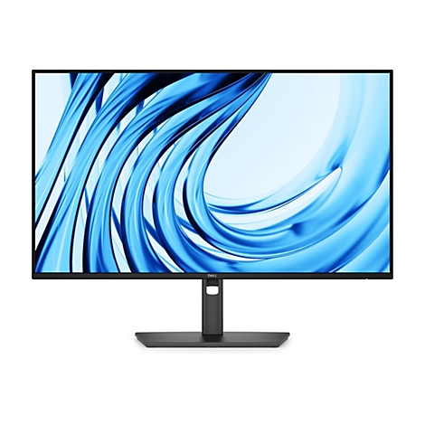 Ein schwarzer Dell-Monitor vor weißem Hintergrund. Der Bildschirm zeigt blaue, fließende Formen. Auf der Halterung steht "DELL".