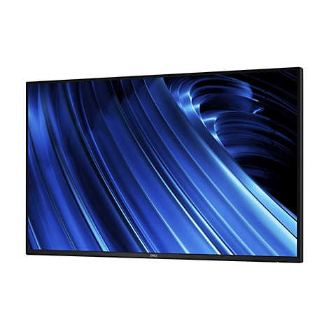 Ein rechteckiger Monitor mit blauem, gewelltem Hintergrund, schräg von vorne gezeigt.