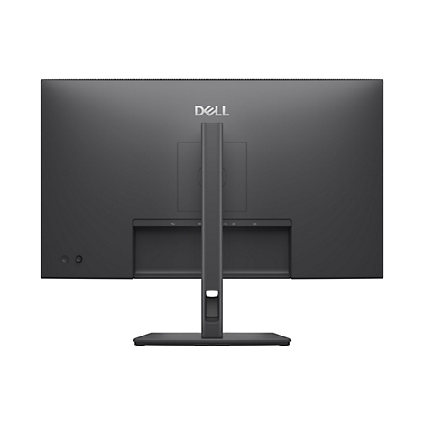 Rückseite eines schwarzen Dell-Monitors mit Standfuß. Anschlüsse und Dell-Logo sichtbar.
