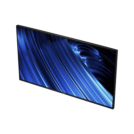 Ein breiter Bildschirm mit blauem, gewelltem Design. Schwarzer Rahmen, weißer Hintergrund. Aufschrift: DELL.