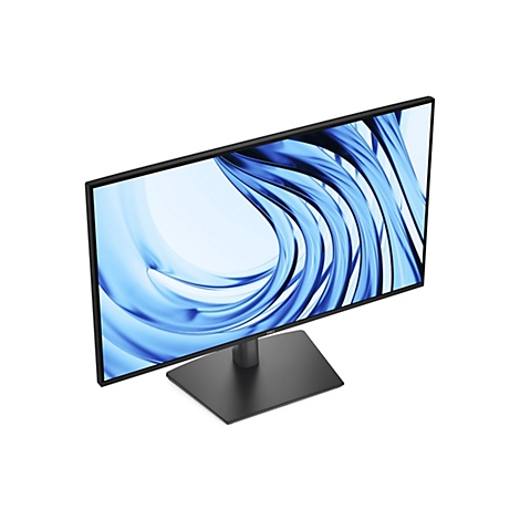 Ein Dell-Monitor. Der Bildschirm zeigt ein blaues, wellenförmiges Muster. Er steht auf einem schwarzen Standfuß vor weißem Hintergrund.