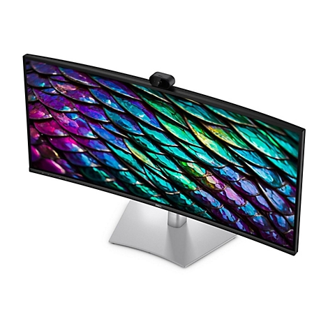 Dell Ultrawide-Monitor in Schwarz mit silbernem Standfuß und integrierter Webcam auf dem Display.