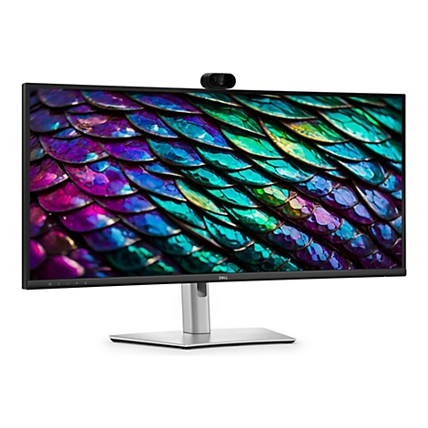 Breiter Dell Monitor mit Webcam oben auf dem Bildschirm vor weißem Hintergrund.