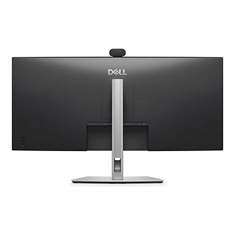 Rückansicht eines Dell Monitors auf silbernem Standfuß vor weißem Hintergrund.