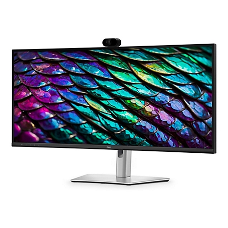 Ein Dell UltraSharp Monitor mit Webcam auf einem silbernen Standfuß vor weißem Hintergrund.