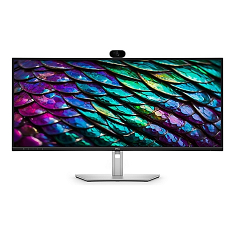 Breiter Dell Monitor mit Webcam oben auf weißem Hintergrund.