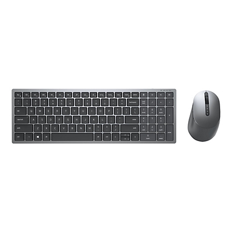 Graues Funk-Tastatur- und Maus-Set, auf weiÃŸem Hintergrund. Die Tastatur ist rechteckig, die Maus ergonomisch.