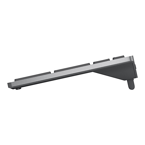 Graue Tastatur von der Seite, mit erhÃ¶htem Winkel und StÃ¼tzen.