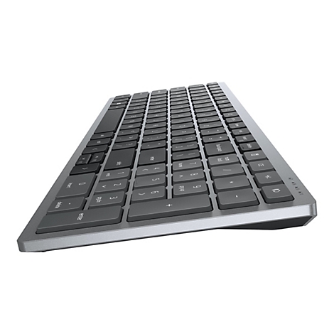 Draufsicht auf eine graue, flache Tastatur mit schwarzen Tasten auf weiÃŸem Hintergrund.