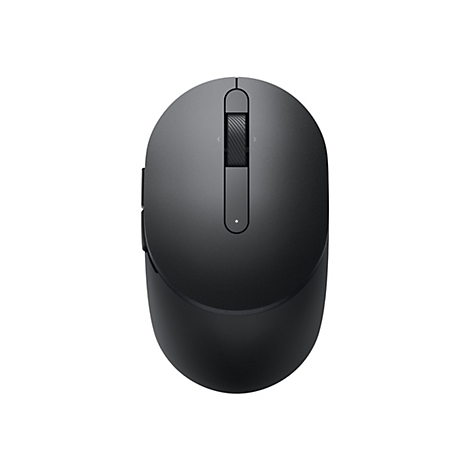 Draufsicht auf eine schwarze Computermaus mit Scrollrad und Knöpfen. Der Hintergrund ist weiß.