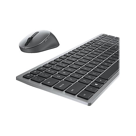 Drahtlose Tastatur und Maus. Die Tastatur ist silbern mit schwarzen Tasten. Die Maus ist ebenfalls silber.