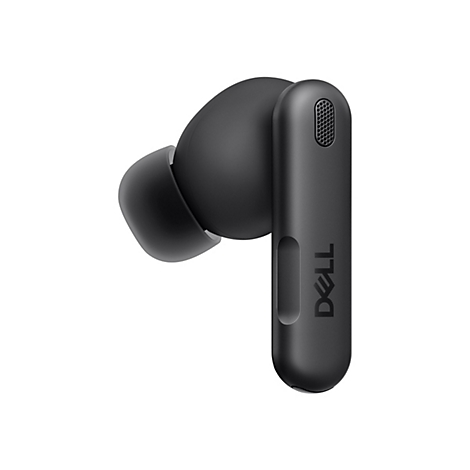 Schwarzer kabelloser In-Ear-Kopfhörer von Dell mit Silikonaufsatz vor weißem Hintergrund.