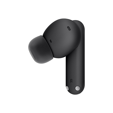 Schwarzer kabelloser Kopfhörer auf weißem Hintergrund. Der Kopfhörer ist aus mattschwarzem Kunststoff gefertigt. Auf dem unteren Teil ist ein kleines „R“ zu sehen.