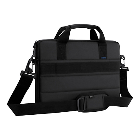 Schwarze Laptoptasche mit Tragegriff und Schultergurt. Auf der Tasche ist der Schriftzug "EcoLoop" und das Logo von "Dell" zu sehen.