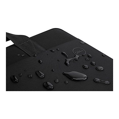 Nahaufnahme einer schwarzen Laptop-Tasche mit Wassertropfen und einem Dell-Logo.
