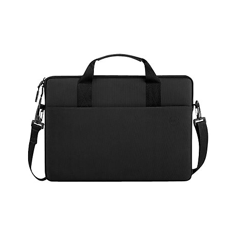 Schwarze Laptoptasche mit Tragegriff und Schultergurt. Auf der Vorderseite befindet sich eine kleine Tasche.