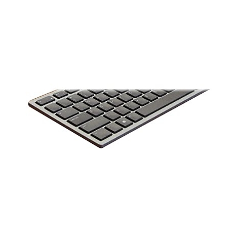 Nahaufnahme einer schwarzen Tastatur mit quadratischen Tasten auf weiÃŸem Hintergrund.