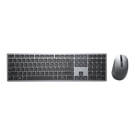 Silberfarbene Tastatur und Maus vor weiÃŸem Hintergrund. Die Tastatur hat dunkle Tasten, die Maus ein Scrollrad.