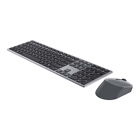 Kabelloses Tastatur-Maus-Set auf weiÃŸem Hintergrund. Die Tastatur ist silber und schwarz, die Maus grau.