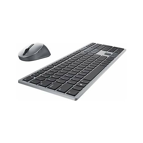 Graues drahtloses Tastatur- und Maus-Set. Die Tastatur hat schwarze Tasten und eine silberne Umrandung. Die Maus ist silberfarben mit einem schwarzen Scrollrad.