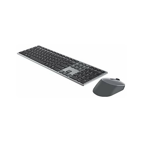 Draufsicht auf eine silberne Tastatur mit schwarzen Tasten und einer grauen Maus.