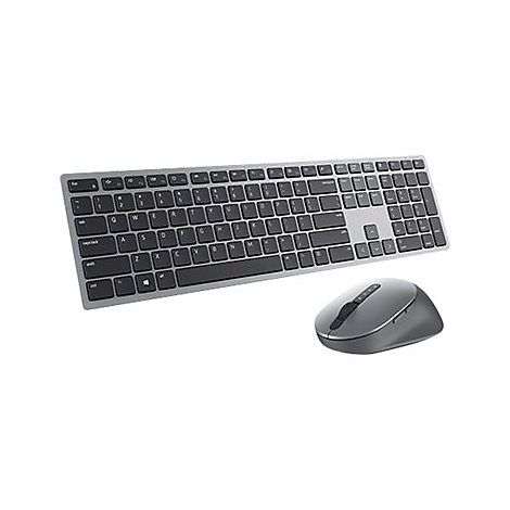 Drahtlose Tastatur und Maus. Tastatur grau mit schwarzen Tasten. Maus in Silber, links daneben.