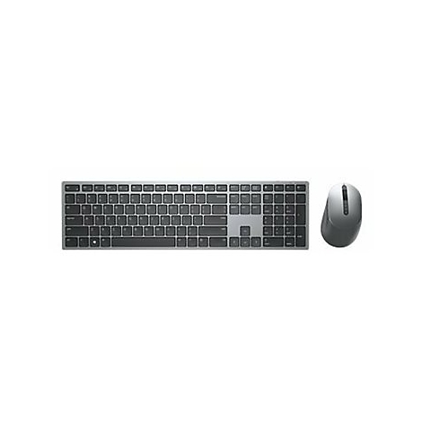Graues Tastatur-Maus-Set, draufsicht, auf weißem Hintergrund. Die Tastatur hat dunkle Tasten, die Maus ist ergonomisch geformt.