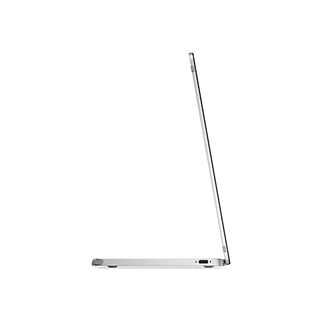 Seitenansicht eines silbernen Laptops, der leicht geöffnet ist. Die Kanten sind scharf und modern. Auf hellem Hintergrund.