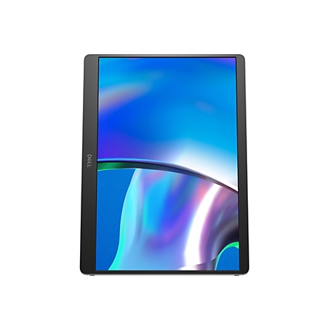 Ein schwarzes Dell-Tablet mit Bildschirm, der einen blauen, abstrakten Hintergrund zeigt. Auf der linken Seite befindet sich das Dell-Logo.