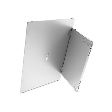 Ein silberner Laptop, der teilweise geöffnet ist, zeigt das Dell-Logo und einige Tasten.