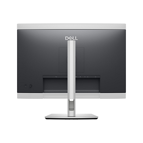 Rückseite eines Dell-Monitors auf silbernem Standfuß vor weißem Hintergrund.