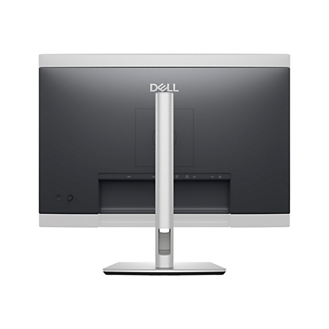 Rückseite eines schwarzen Dell-Monitors mit weißem Rand und silbernem Standfuß. Das Dell-Logo ist mittig platziert.