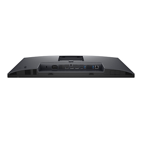 Rückseite eines schwarzen Monitors mit Anschlüssen, darunter Stromanschluss, HDMI, USB und LAN.